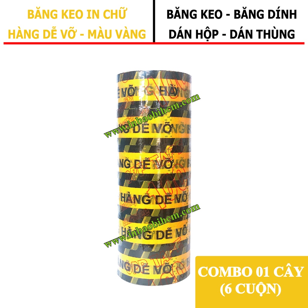 Băng keo HÀNG DỄ VỠ màu VÀNG, Dày 50 Mic, Bản 4F8, Băng keo dán hộp, băng keo giá rẽ, InbaobiHCM