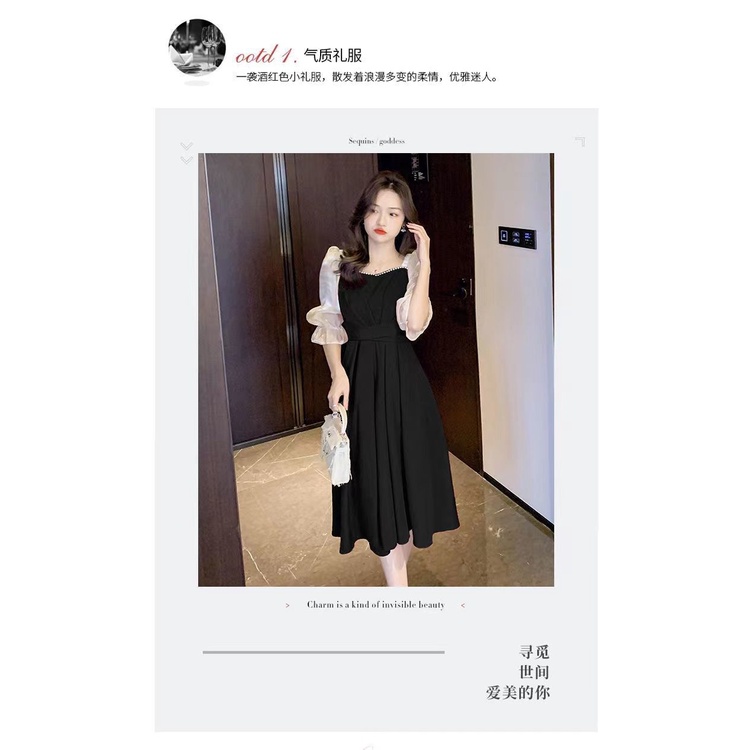 Đầm chữ A cổ vuông tay ngắn thắt eo mỏng phong cách Pháp dài vừa và dài cho nữ