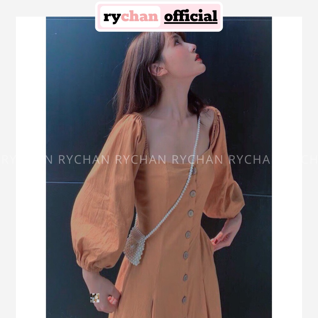 DX267 - Đầm Xòe Cổ Vuông Dáng Dài Tay Phồng Đính Cúc