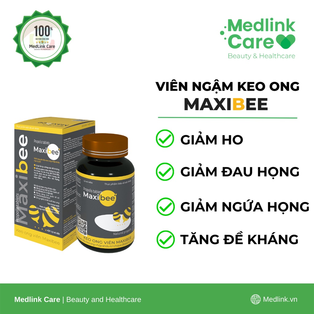 Viên ngậm keo ong Maxibee - Giảm ho, giảm đau rát họng, giảm khàn tiếng cho người lớn - Hộp 40 viên CHÍNH HÃNG