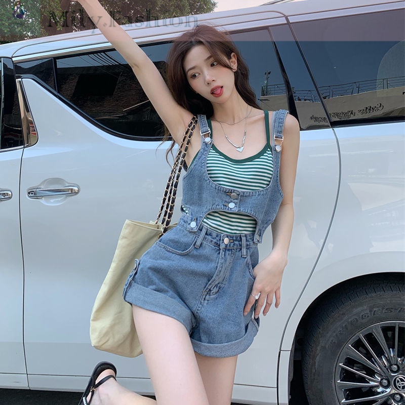 Quần Yếm Denim Ống Rộng Phong Cách Hàn Quốc Thời Trang Mùa Hè Kiểu Mới 2022