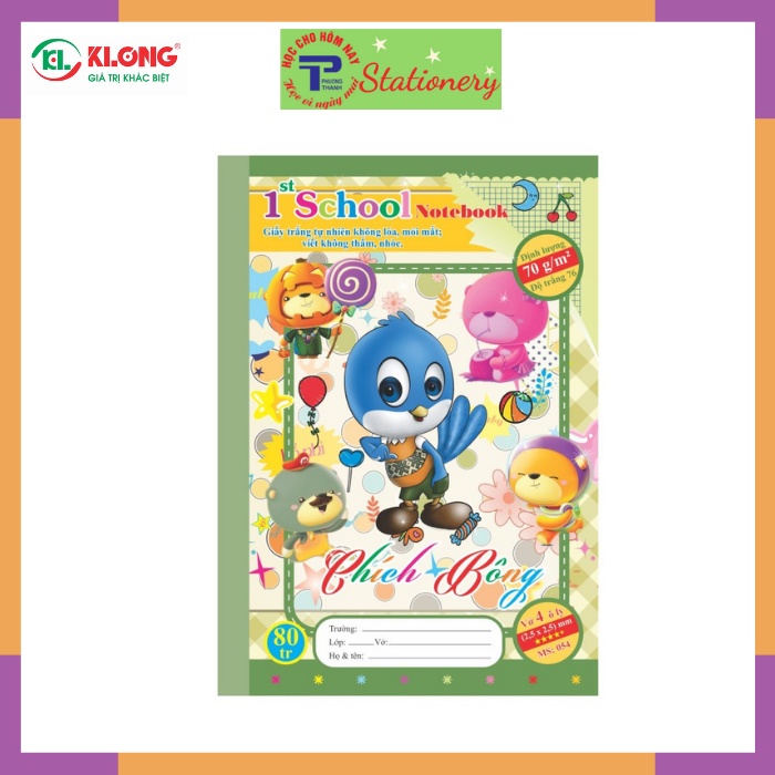 Vở 4 ô ly 48, 80 trang Klong định lượng 70g/m2 bìa hình chích bông, mèo tít, hổ nhi, sóc bi; MS: 053, 054
