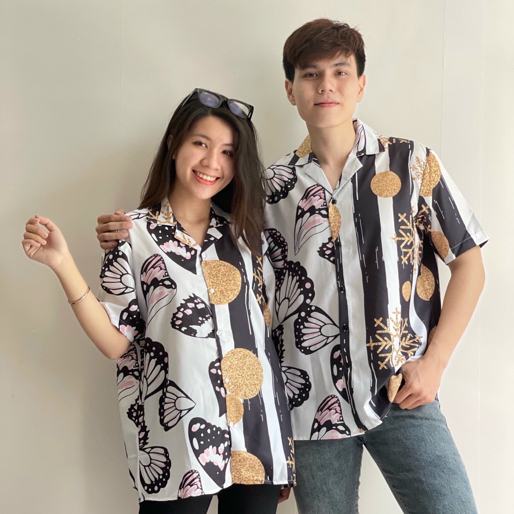 Áo sơ mi lụa ép 3d họa tiết, áo sơ mi đôi, áo sơ mi mùa hè, áo sơ mi nam nữ thời trang - HKSM05