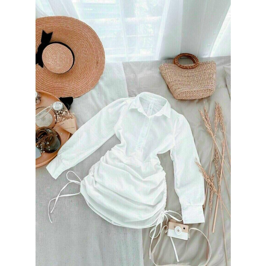 Đầm Nữ ⚡𝙎𝙄𝙀̂𝙐 𝙎𝘼𝙇𝙀⚡ Đầm Body Tay Dài Rút Dây Cổ Sơ mi Cài Nút Thật Thời Trang - 78055