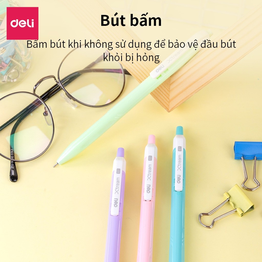 Bút bi bấm mực xanh ngòi 0.7mm Deli giá rẻ viết nét đều trơn tru