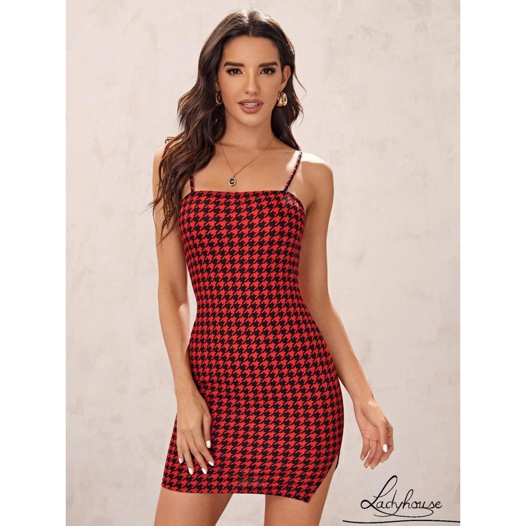 LD-Women’s Summer Sexy Suspender Dress Fashion Plaid Backless Tight-fitting Split Short Dress