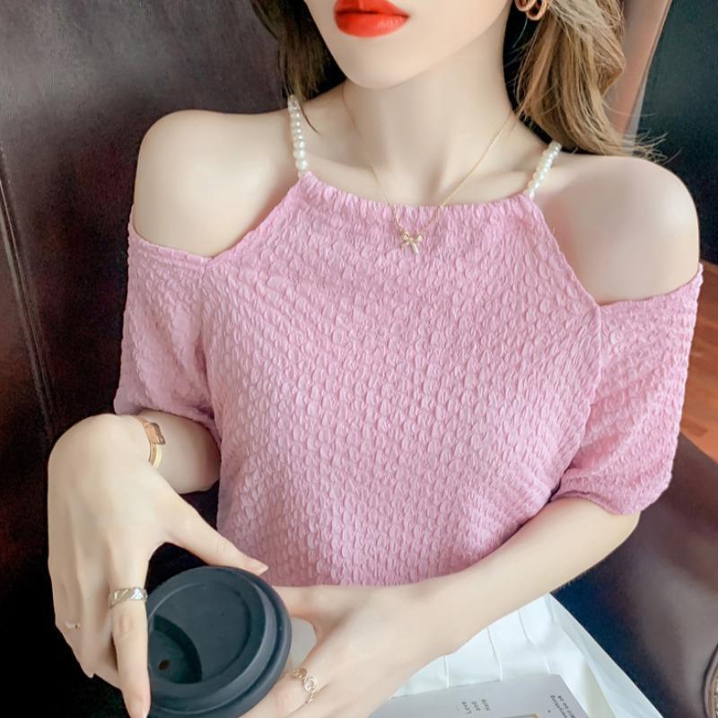 Áo Kiểu Trễ Vai Dáng Ôm Đính Ngọc Trai Phong Cách Hàn Quốc Thời Trang Ngọt Ngào Cho Nữ