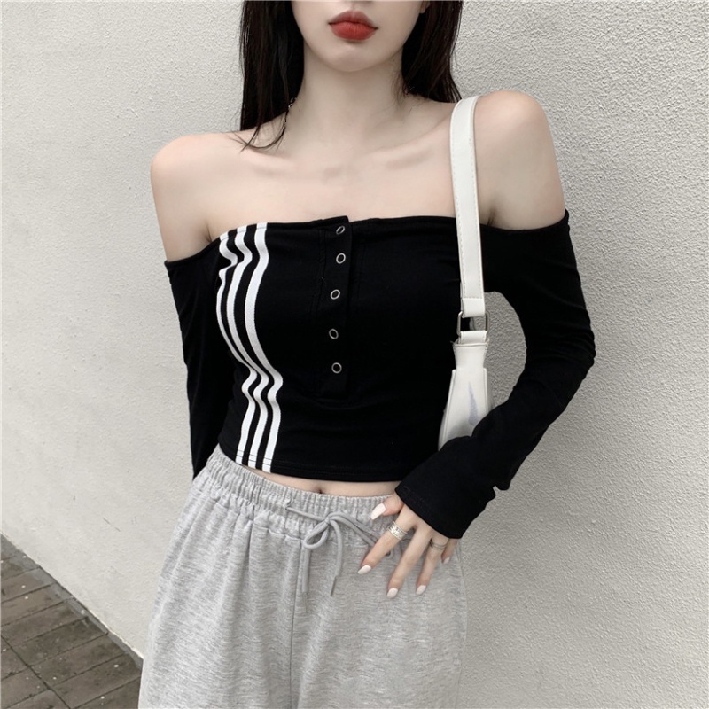 Áo croptop tay dài trễ vai họa tiết kẻ sọc phong cách Hàn Quốc quyến rũ cho nữ