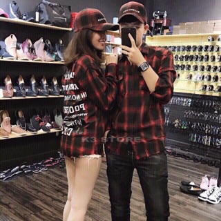 Sơmi kate nam/nữ caro in chữ cá tính
