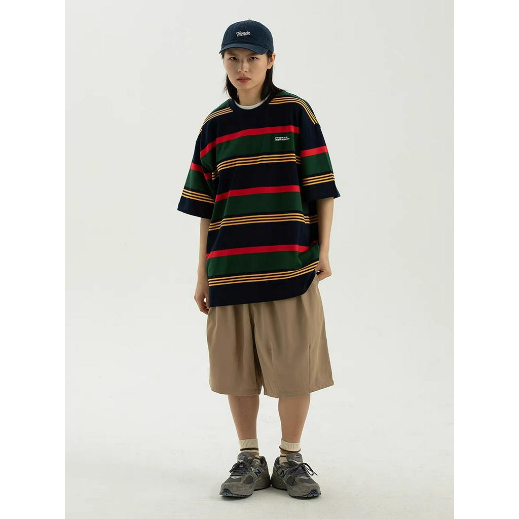 Áo Thun Cotton Tay Ngắn Dáng Rộng Họa Tiết Kẻ Sọc Phong Cách Vintage Cho Cặp Đôi (M-2xL)