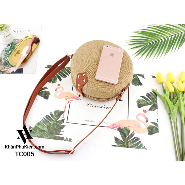[NowShip - Giao Ngay] Túi Cói Boho Vintage Đeo Vai, Đeo Chéo Hình Tròn Dây Da Màu Nâu Be Trơn