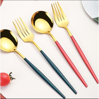 Set 3 Bộ Muỗng Đũa Nĩa Cá Nhân Bằng Thép Không Gỉ 304 Phủ Bóng Mạ Vàng Bạc Cao Cấp
