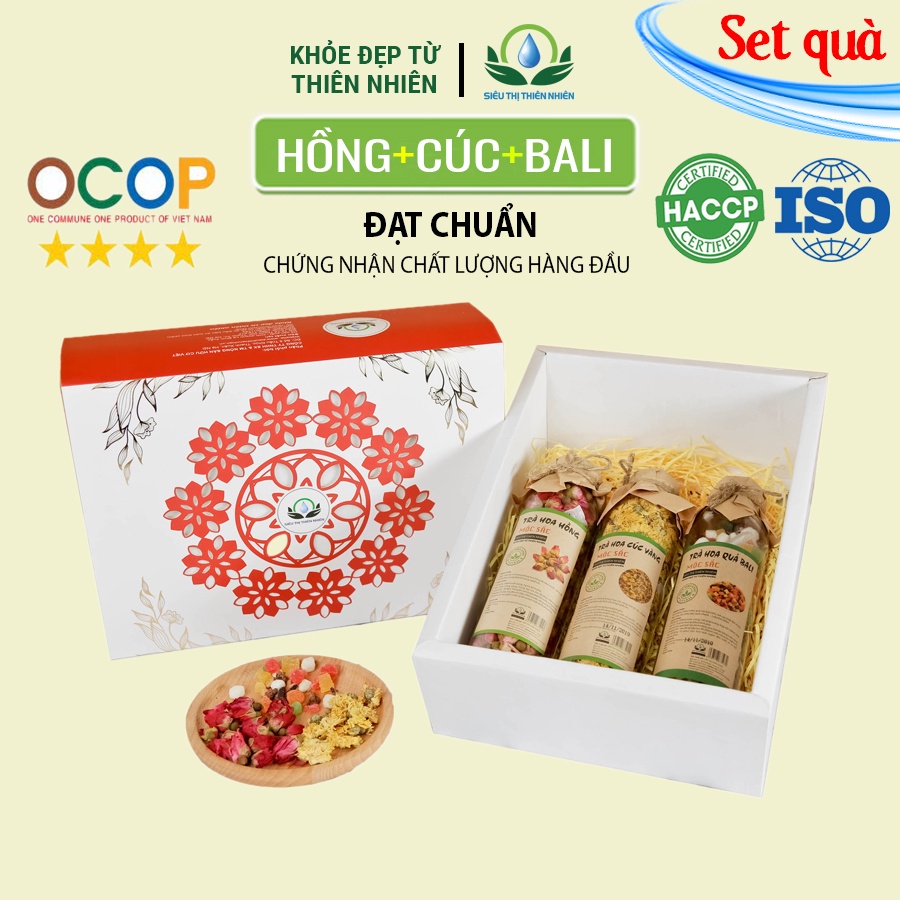 Set quà 17: Trà Cúc Vàng, Hoa Hồng, Hoa Quả Bali Mộc Sắc cao cấp, quà biếu tết 2021