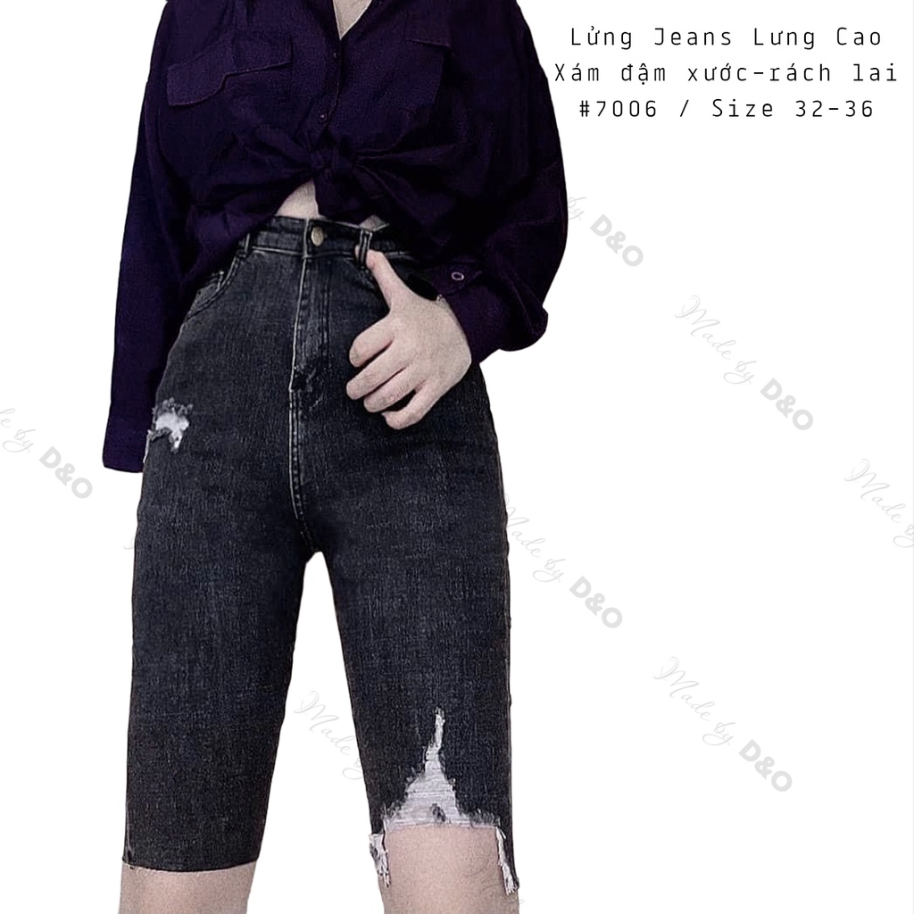 Quần Lửng Ngố Jeans Bigsize, Xám Xước Rách Lai7006, Lưng Cao Trên Rốn, Co Giãn Mạnh [Size 32-36]