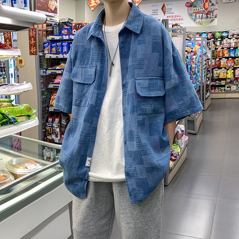 Áo Thun Denim Tay Lửng Dáng Rộng Thời Trang Mùa Hè Dành Cho Nam
