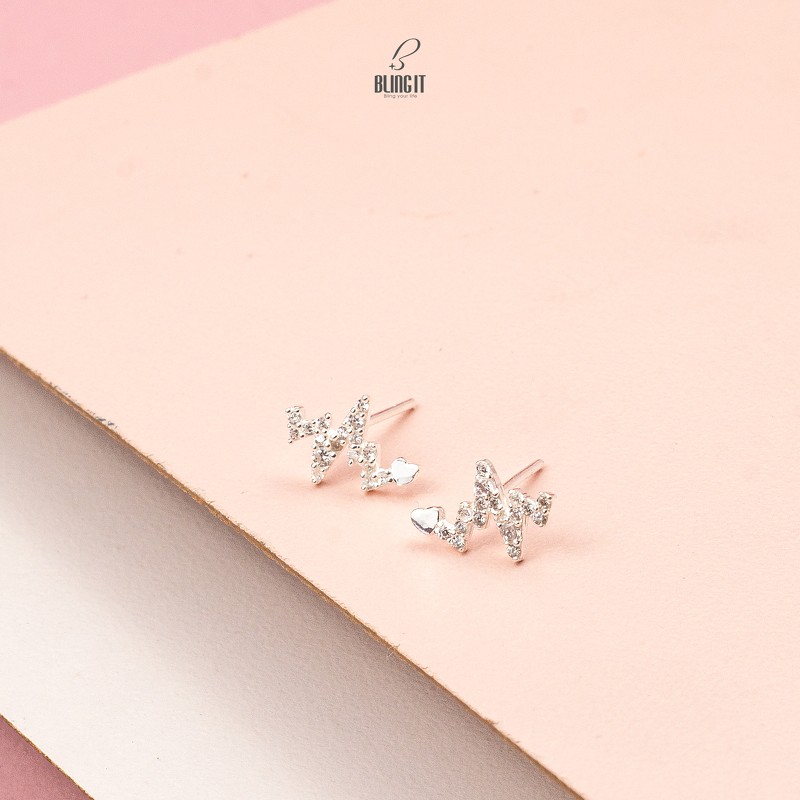 Khuyên tai bạc nữ kèm hộp đựng cao cấp Bling It kiểu dáng nhịp tim đính đá với phong cách hàn quốc BIBT488