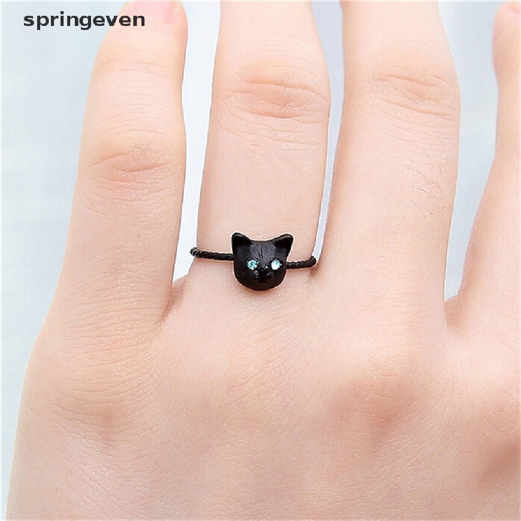 springeven 1Pc Women Mini Lovely Cat Shaped Ring Rhinestone Studd Ring Black Gold Silver RFT