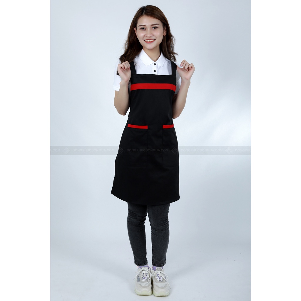 Tạp dề nấu ăn màu đen phối đỏ cho nhân viên phục vụ Nam Nữ dây gài nút bấm Tạp dề phục vụ đẹp sẵn hàng kèm video