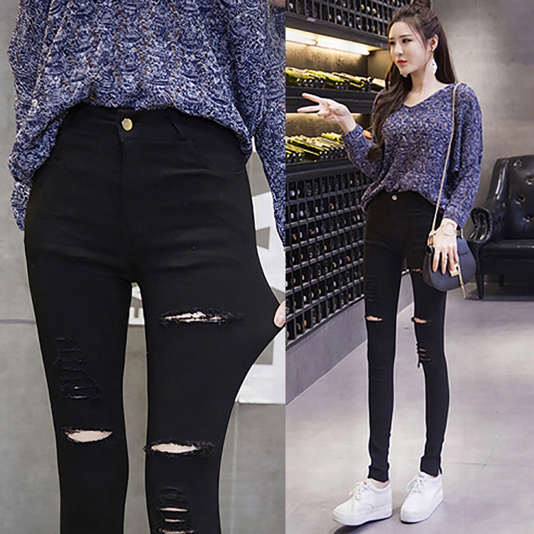 Quần legging đen dài đến mắt cá chân phối rách kiểu Hàn Quốc thời trang xuân hè 2021 cho nữ