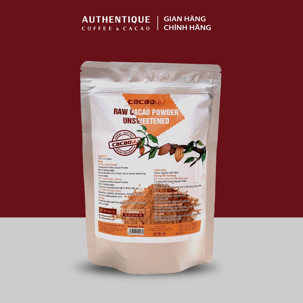 Bột CaCao Nguyên Chất Không Đường Túi 220gr - Tốt cho tim mạch | Authentique Cacao