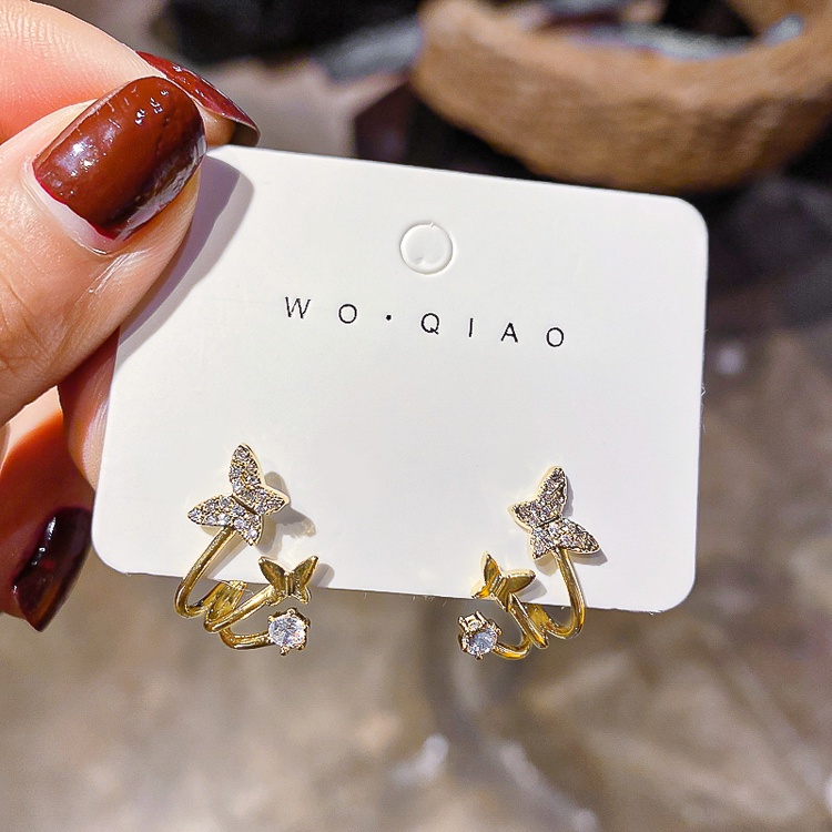 Bông Tai Ba Hàng Hình Bướm Đính Đá Lấp Lánh Phong Cách Hàn Quốc