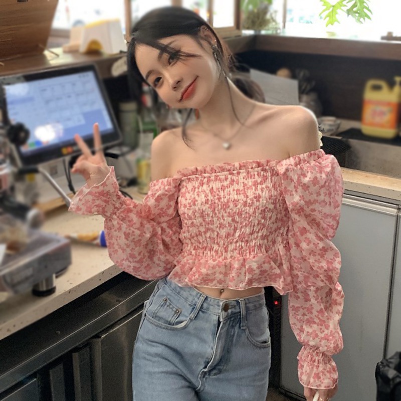 Áo Chiffon Tay Dài Cổ Vuông In Hoa Gợi Cảm Cho Nữ