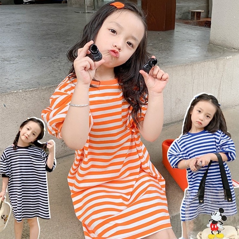 Áo Thun Cotton Tay Ngắn Họa Tiết Kẻ Sọc Thời Trang Hàn Quốc Dành Cho Bé Gái 3-8 Tuổi
