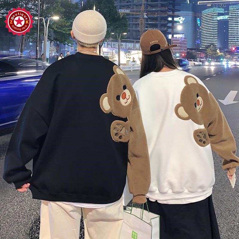 Áo Thun Tay Dài Dáng Rộng Thêu Hình Gấu Phối Màu Dễ Thương Thời Trang Cho Nam Và Nữ
