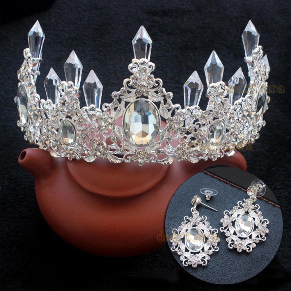 Rhinestone Baroque Crystal Crown Bride Tiara Earrings set for Wedding / Bride / Prom