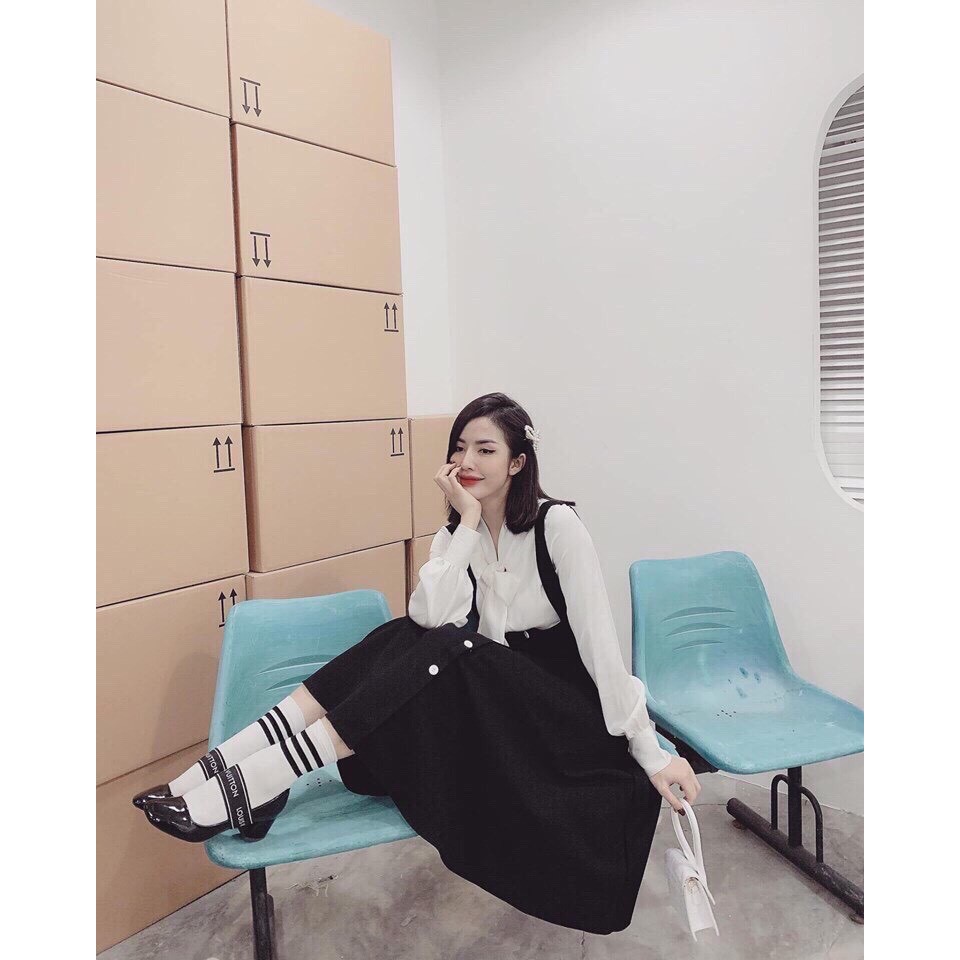 Sét đầm yếm kết hợp áo voan tay dài cổ cột nơ siêu xinh - MM.B557