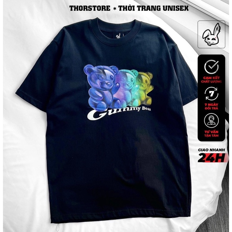 Áo thun tay lỡ unisex,form rộng in hình Gummy bear màu đen
