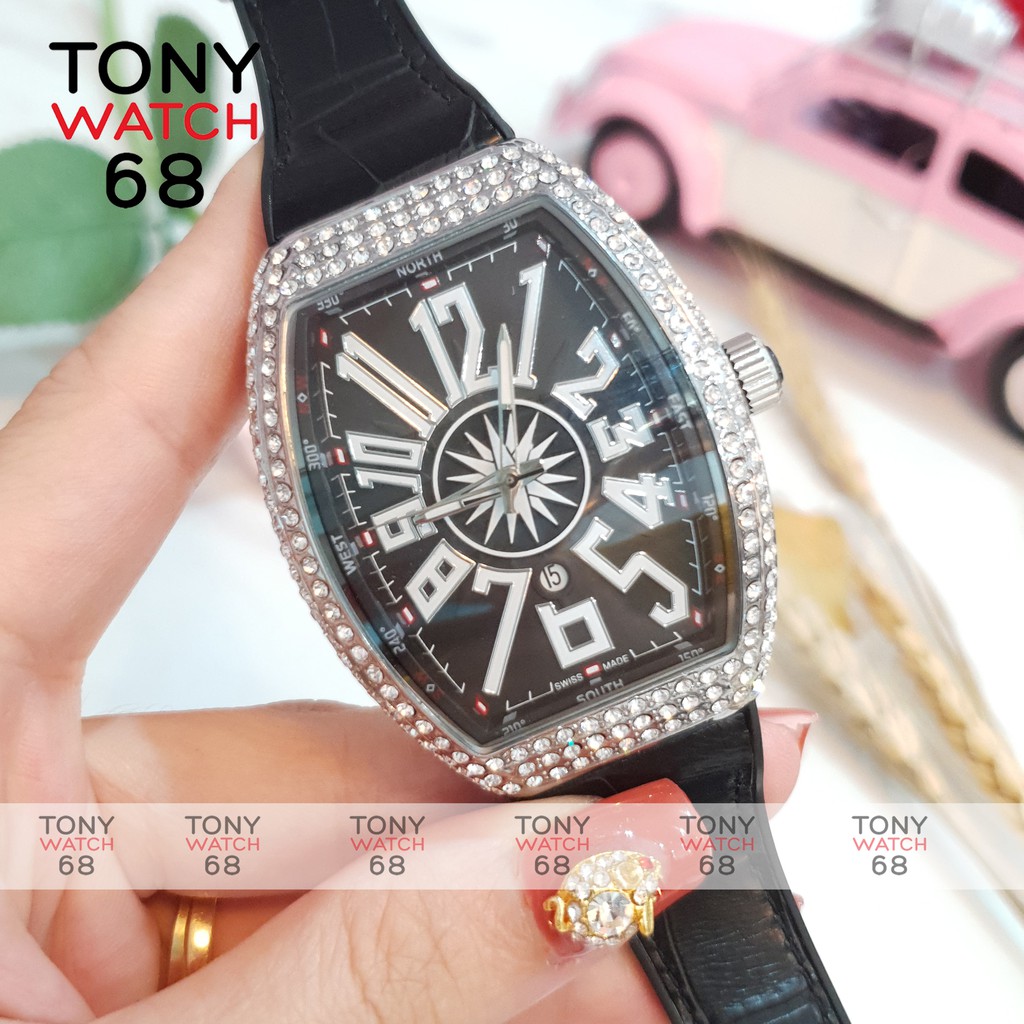 Đồng hồ nam FM bầu dục đính đá khóa thông minh dây cao su bọc da siêu bền chính hãng Tony Watch 68