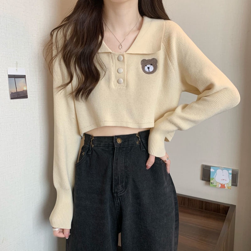 Áo sweater Tay Phồng Cổ Bẻ Thêu Hình Gấu Dễ Thương Phong Cách Hàn Quốc Thời Trang Mùa Thu