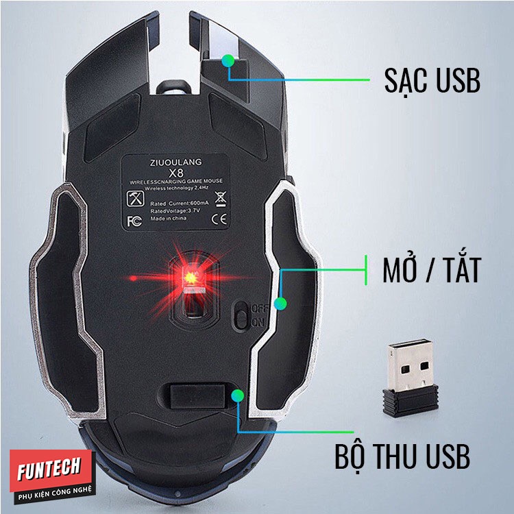 Chuột máy tính không dây Gaming Wolf X8 Pro Led RGB 7 màu siêu đẹp pin sạc thiết kế gọn nhẹ