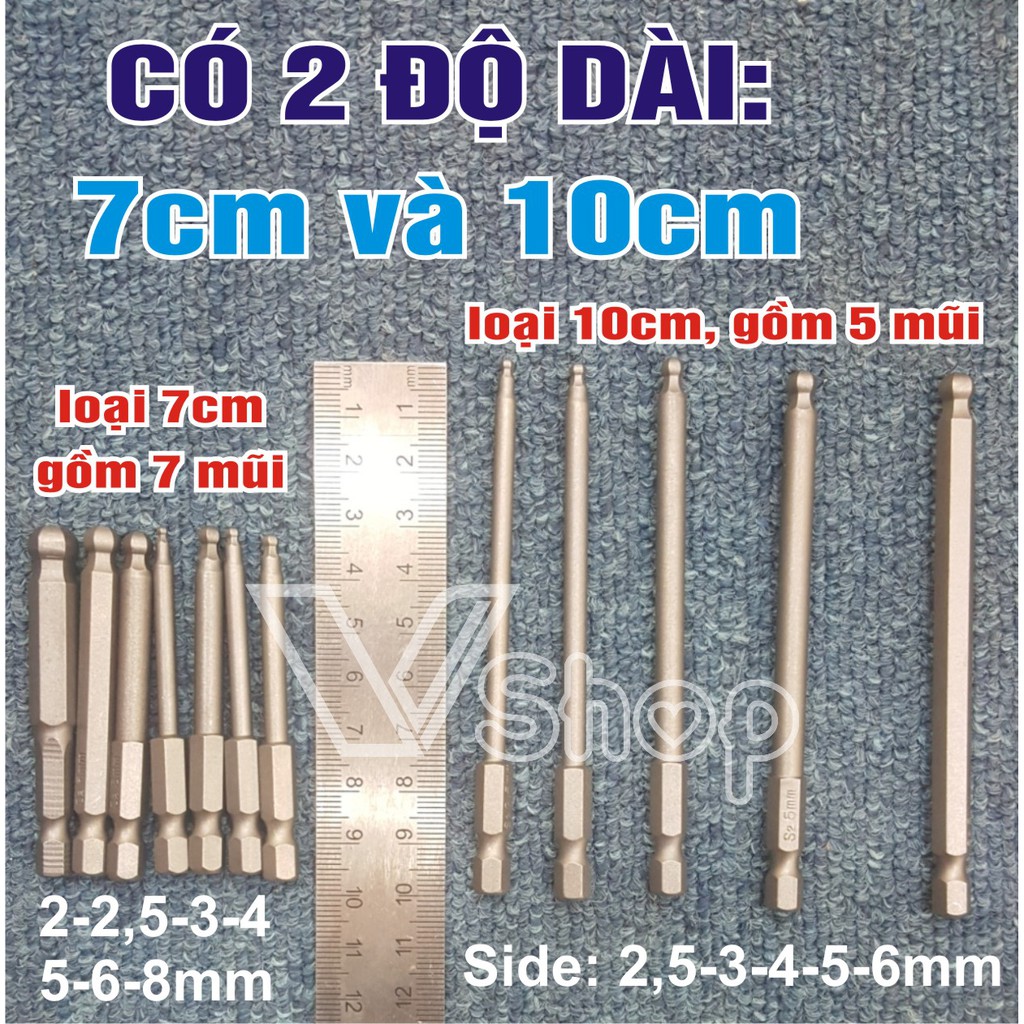 Mũi mở vít, lục giác, dạng đầu bi. Dài 7cm và 10cm. đuôi 6,3mm, dùng với máy bắn vít, máy khoan cầm tay