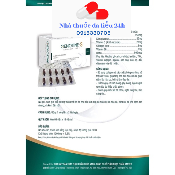Viên uống đẹp da đẹp tóc GENOTINE-S hỗ trợ làm sáng da, đẹp da bổ xung collagen - Nhà thuốc da liễu 24h Klenzit
