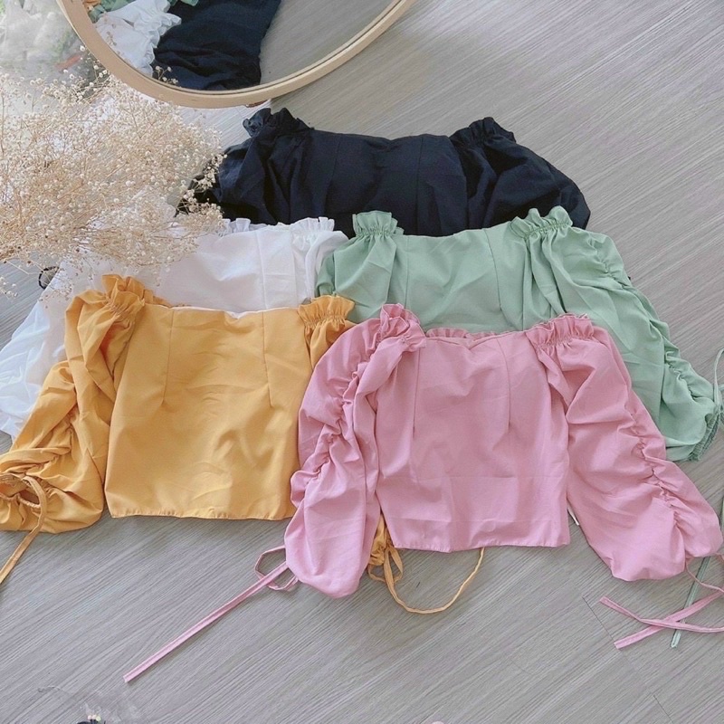 Áo croptop trễ vai voan bèo tay rút nhún lưng màu trơn basic có mút ngực, áo crt kiểu - Mã: 750 TV-FASHION