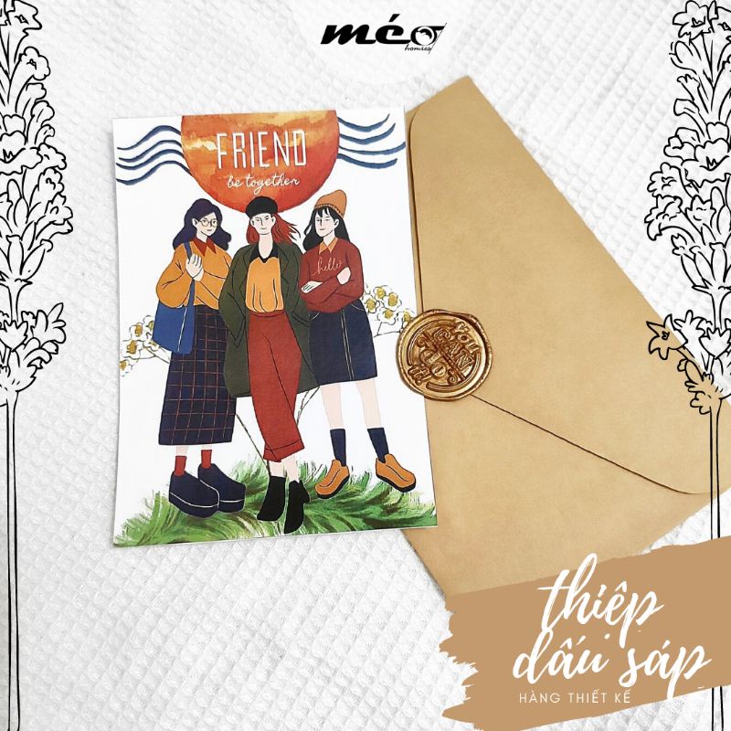 THIỆP dấu sáp hàng thiết kế FRIEND kèm phong thư Kraft kiểu Vintage làm quà tặng, thư mời bạn bè