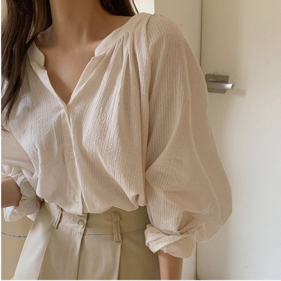 Áo sơ mi tay dài cổ chữ V dáng rộng màu trơn thời trang 40782