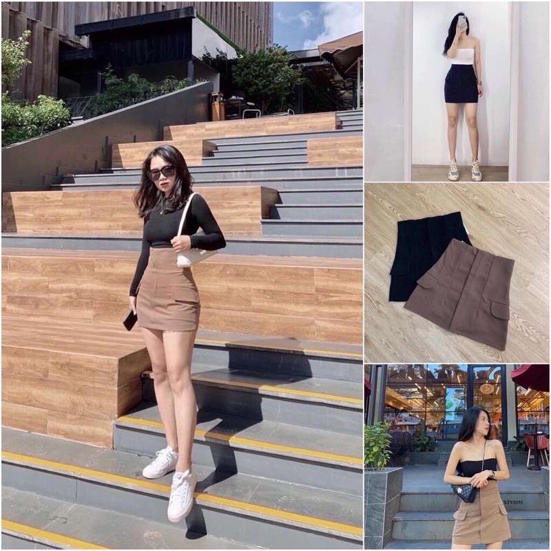 Chân váy ngắn chữ A lưng cao túi thật bên sườn