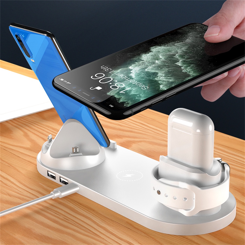Đế Sạc Nhanh Không Dây 10W 6 Trong 1 Cho Apple Watch 7 6 5 4 iPhone 13 12 11 XS MAX XR X 8 Airpods Pro