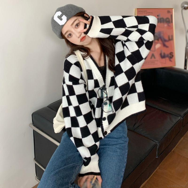 Áo khoác cardigan tay dài cổ chữ V dáng rộng họa tiết kẻ sọc thời trang thu đông cho nữ