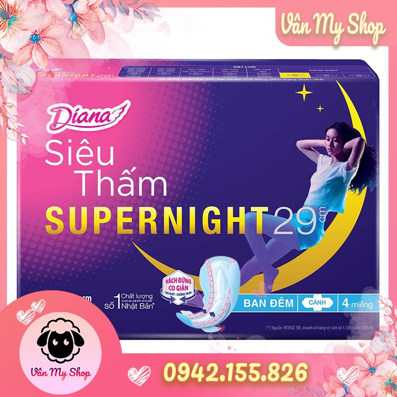 Băng vệ sinh Diana ban đêm SuperNight siêu thấm 29cm - Gói 4 miếng