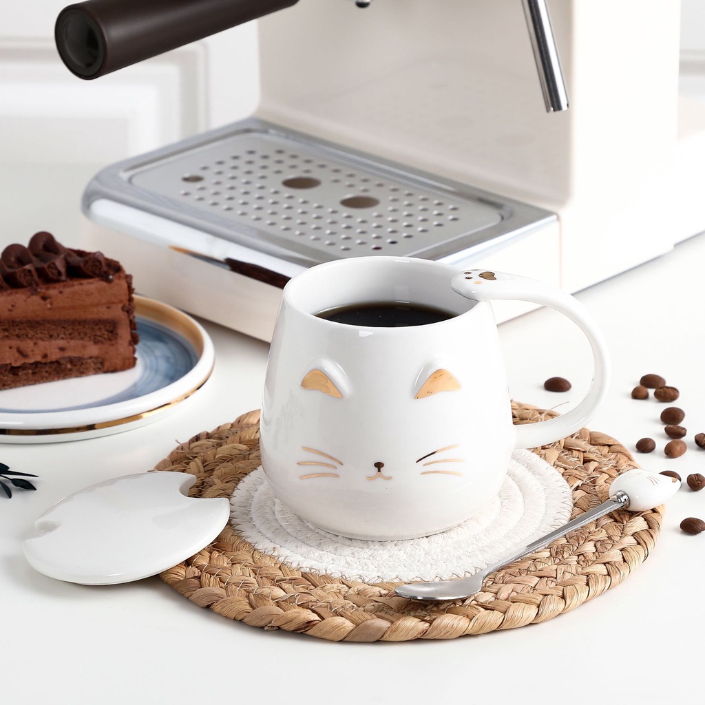 Cốc ly sứ mặt mèo 3D dễ thương dung tích 400ml kèm nắp và thìa dùng hàng ngày, đựng trà, cafe, quà tặng-Ráp