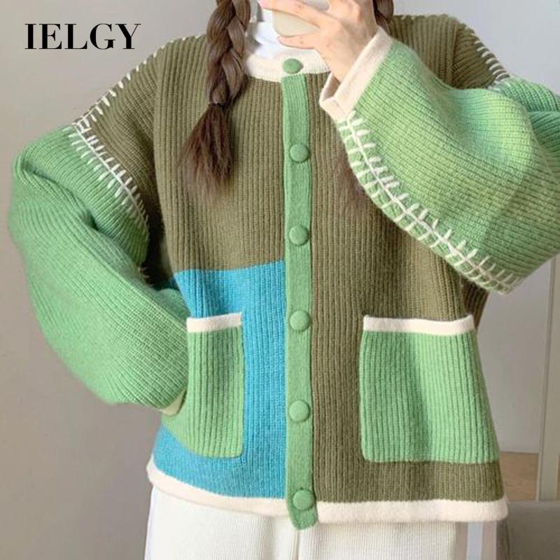 Áo sweater IELGY vải dệt kim dáng rộng màu tương phản thời trang cho nữ