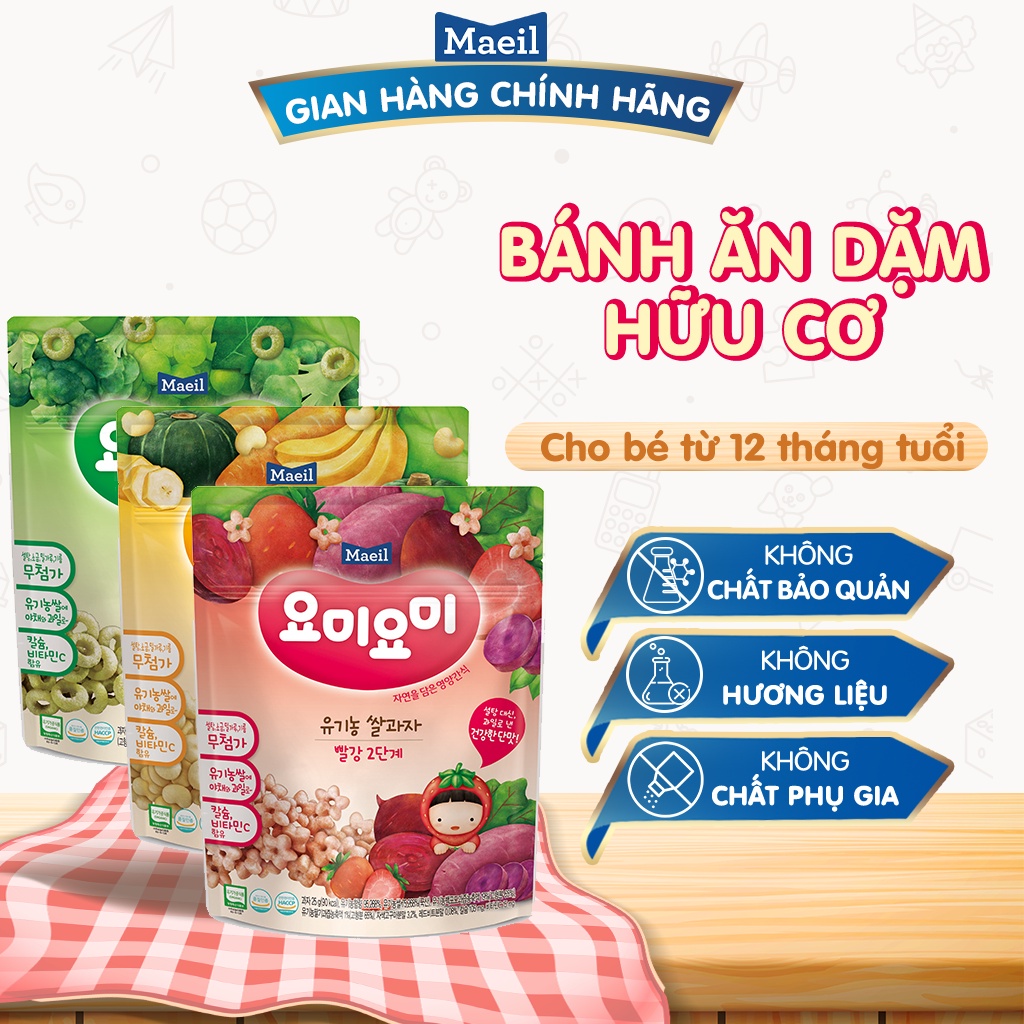 Bánh Ăn Dặm Hữu Cơ MAEIL Yommy Yommy 2 Hàn Quốc Cho Bé Từ 12M, Tăng Đề Kháng Hỗ Trợ Tiêu Hoá Tốt (Túi 25g)