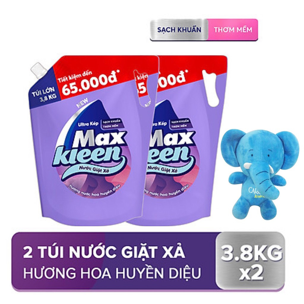 Combo 2 Túi Nước Giặt Xả Maxkleen Hương Huyền Diệu 3,8kg/ túi+Tặng Voi Bông