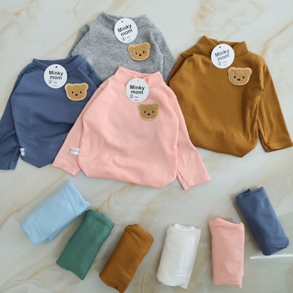 Bộ dài tay cổ 3 phân Minky mom len tăm thêu gấu xinh xắn cho bé mặc thu đông