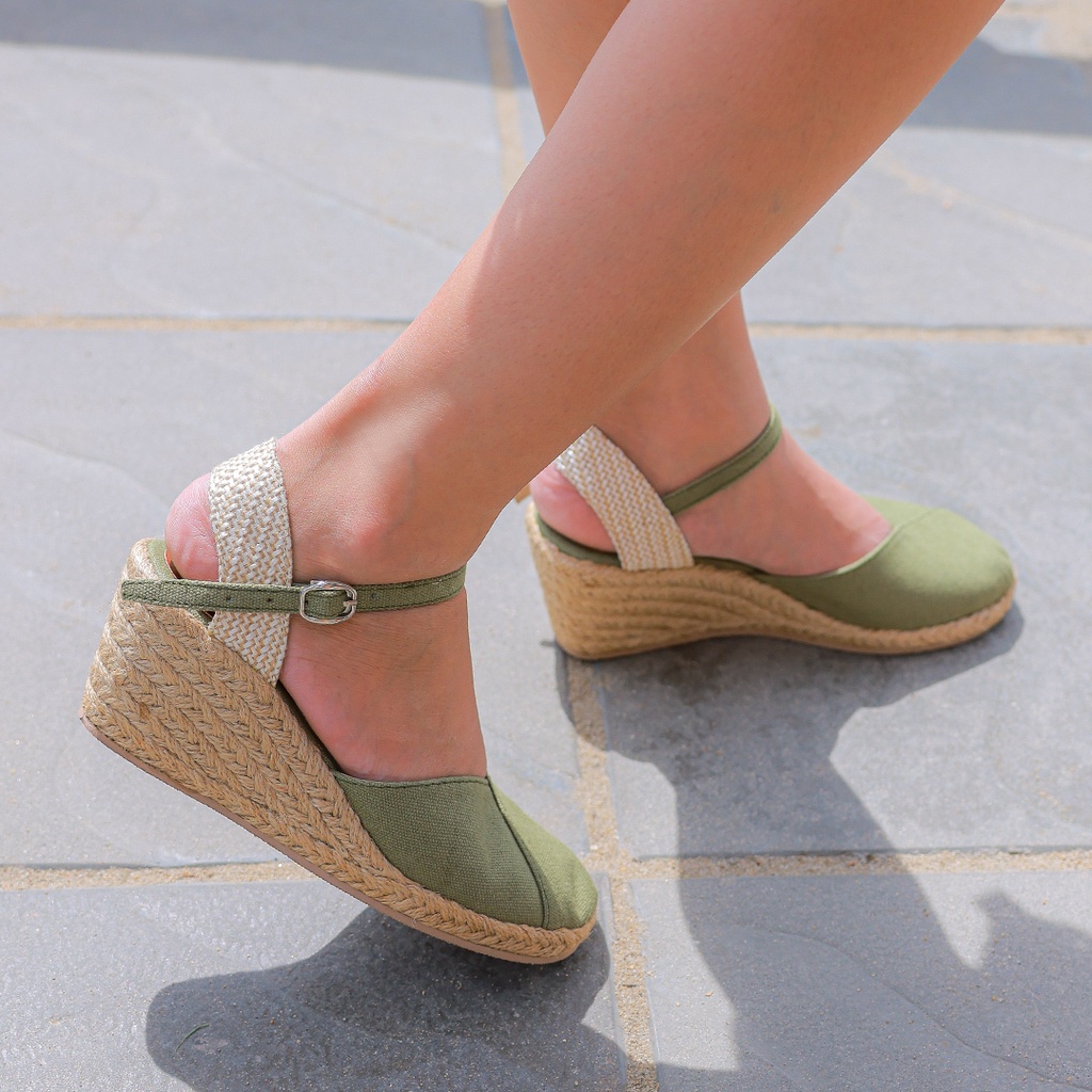 Giày cói Liliw cao gót nữ đế xuồng mũi tròn cao 6cm - Bantayan Màu Ô Liu