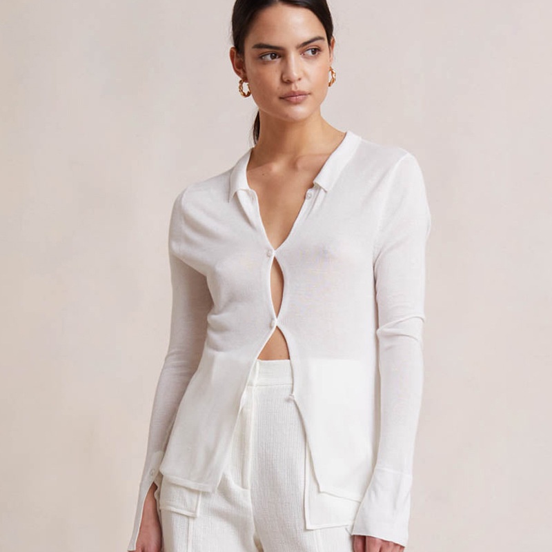 Áo Sơ Mi Tay Dài Cổ Bẻ Xẻ Tà Phối Nút Thời Trang Đường Phố Cho Nữ